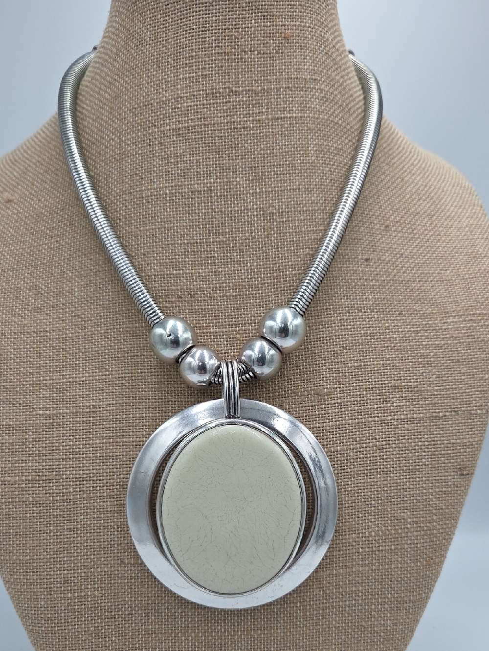 Chico's Vintage Silver-Tone Necklace with Cream Oval Pendant